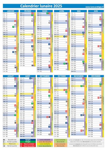 Calendrier lunaire 2025 complet avec phases lunaires, apogées, périgées, nœuds lunaires, cycles montants/descendants et croissants/décroissants à télécharger et imprimer au format portrait