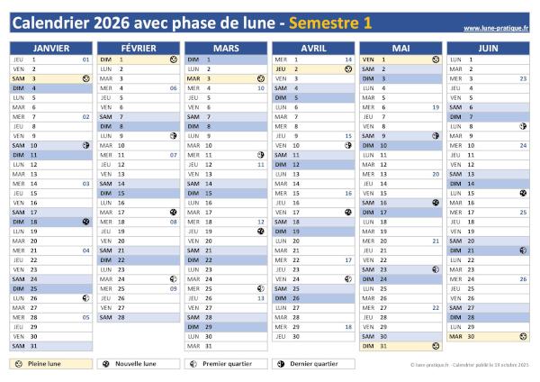 Calendrier 2026 avec phases lunaires - Semestre 1