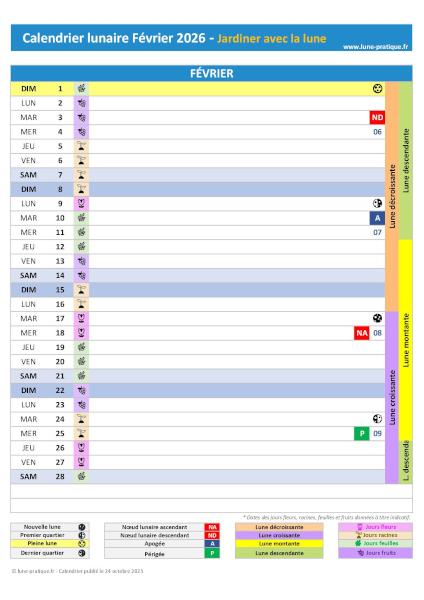 Télécharger et imprimer notre calendrier lunaire de Février 2026 pour le jardin avec les dates des jours feuilles, fruits, fleurs et racines ainsi que celles des phases de lune Jardiner avec la lune Février 2026 - Calendrier lunaire pour le jardin à imprimer