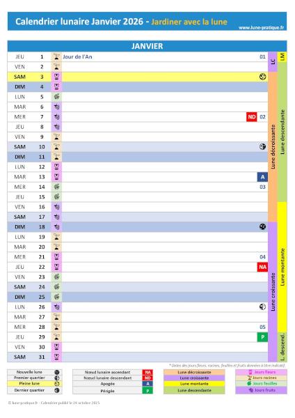 Télécharger et imprimer notre calendrier lunaire de janvier 2026 pour le jardin avec les dates des jours feuilles, fruits, fleurs et racines ainsi que celles des phases de lune Jardiner avec la lune Janvier 2026 - Calendrier lunaire pour le jardin à imprimer