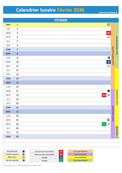 Calendrier lunaire Février 2026
