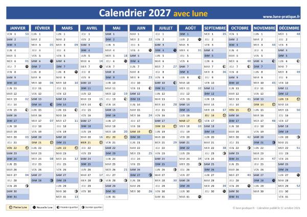 Calendrier 2027 avec phases lunaires
