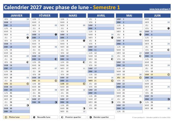 Calendrier 2027 avec phases lunaires - Semestre 1