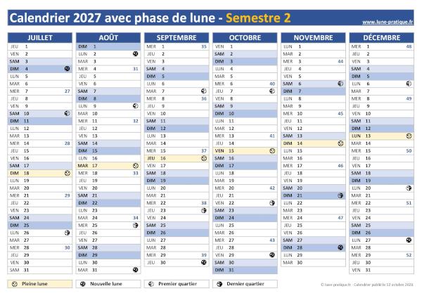Calendrier 2027 avec phases lunaires - Semestre 2