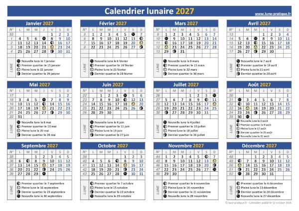 Calendrier lunaire 2027 : dates des Pleines Lunes, Nouvelles Lunes, Premiers et Derniers Quartiers