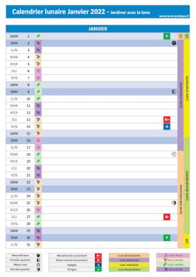 Télécharger et imprimer notre calendrier lunaire de janvier 2022 pour le jardin avec les dates des jours feuilles, fruits, fleurs et racines ainsi que celles des phases de lune Jardiner avec la lune Janvier 2022 - Calendrier lunaire pour le jardin à imprimer