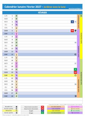 Télécharger et imprimer notre calendrier lunaire de février 2027 pour le jardin avec les dates des jours feuilles, fruits, fleurs et racines ainsi que celles des phases de lune Jardiner avec la lune Février 2027 - Calendrier lunaire pour le jardin à imprimer