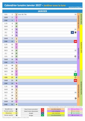 Télécharger et imprimer notre calendrier lunaire de janvier 2027 pour le jardin avec les dates des jours feuilles, fruits, fleurs et racines ainsi que celles des phases de lune Jardiner avec la lune Janvier 2027 - Calendrier lunaire pour le jardin à imprimer