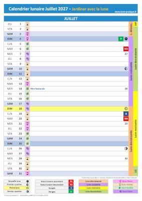 Télécharger et imprimer notre calendrier lunaire de juillet 2027 pour le jardin avec les dates des jours feuilles, fruits, fleurs et racines ainsi que celles des phases de lune Jardiner avec la lune Juillet 2027 - Calendrier lunaire pour le jardin à imprimer