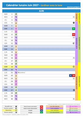 Télécharger et imprimer notre calendrier lunaire de juin 2027 pour le jardin avec les dates des jours feuilles, fruits, fleurs et racines ainsi que celles des phases de lune Jardiner avec la lune Juin 2027 - Calendrier lunaire pour le jardin à imprimer
