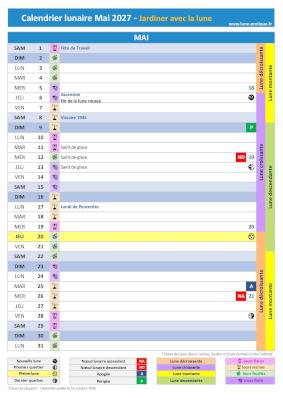 Télécharger et imprimer notre calendrier lunaire de mai 2027 pour le jardin avec les dates des jours feuilles, fruits, fleurs et racines ainsi que celles des phases de lune Jardiner avec la lune Mai 2027 - Calendrier lunaire pour le jardin à imprimer