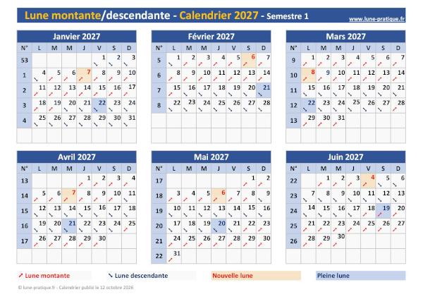 Calendrier lunaire 2027 avec Lune montante-descendante - Semestre 1